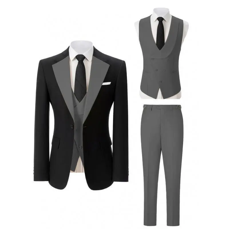 Vintage Men's 3-Piece Tailored Formal Poly Blend Suit Set - V-Neck Vest, Button Front Long Sleeve Blazer, Cotton Pants, Alternative Style Groom Suit (Grey, Beige, Black, Champagne, Hunt Green, XS-XXXL), Alternative Style Men's Suits, Wedding