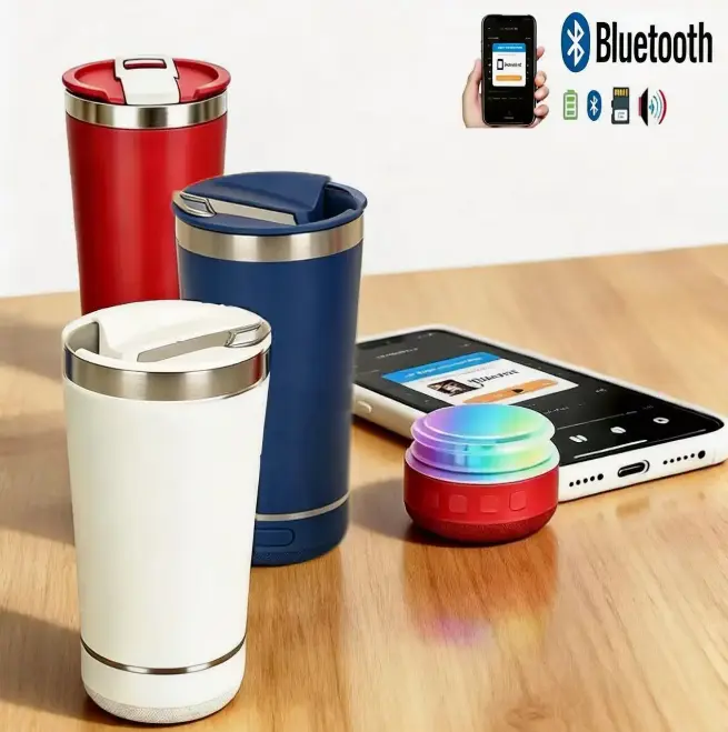 16-oz Stainless Steel Thermos Tumbler - Portable Water Bottle Flask with Built-in Bluetooth Speaker, Rechargeable LED Light, Subwoofer, Cell-Compatible Tech-Savvy Gadget Gift for Adults & Tech Enthusiasts (Portable Gadgets)
