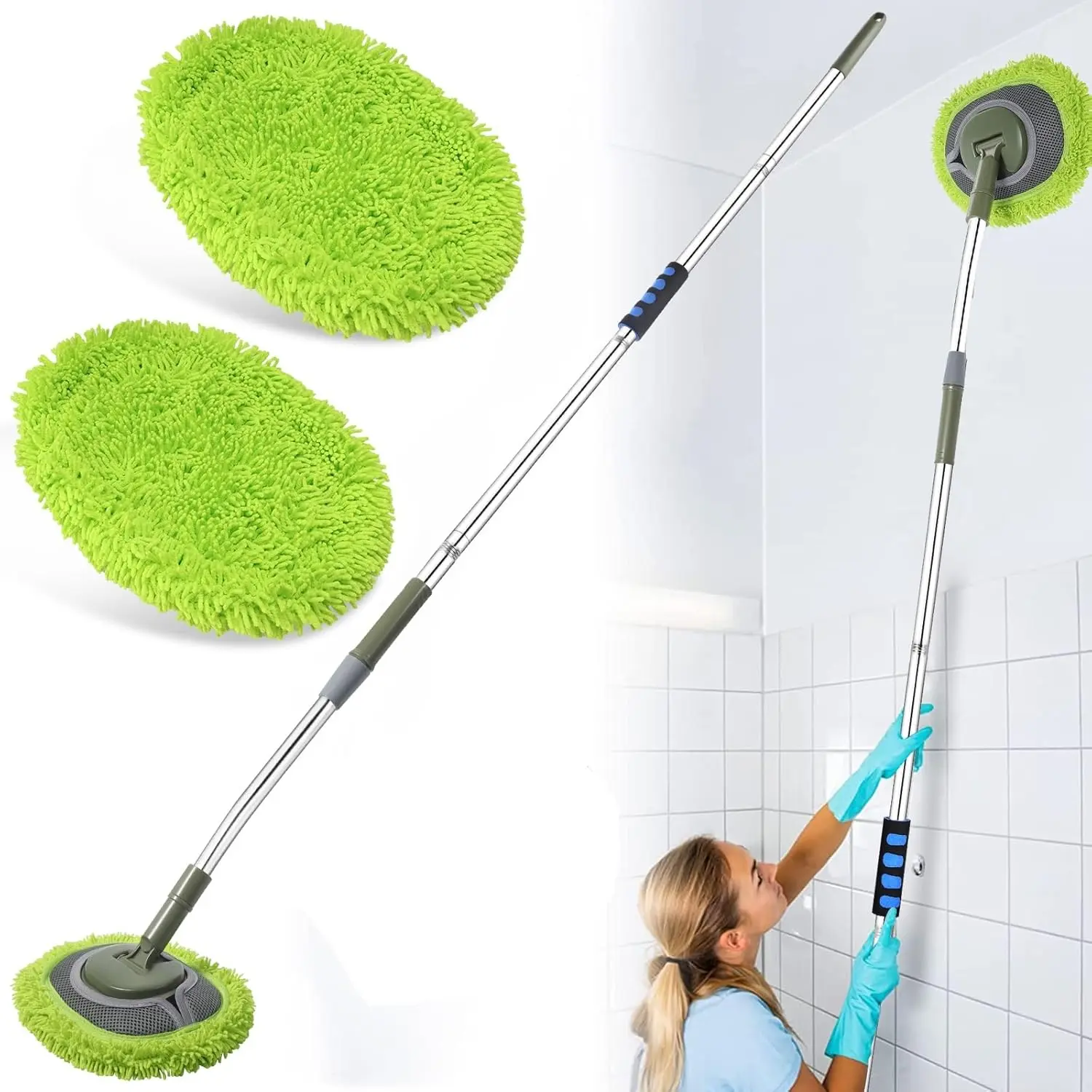 Wall Cleaner, Max 66'' Wall Mop with Long Handle, Ceiling Dust Mop with 15? Labor-Saving Elbow Extension Pole, Baseboard Duster Washer , High  Window Cleaning Brush, Roof Cleaning Tool-GN