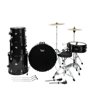 Full Size 5-Piece Vintage Black Drums Kit for Beginner Adults, Including Bass, Toms, Snare, Floor Tom, Ride Cymbal, Hi-Hat, Stool, Pedal, Sticks for Heavy Metal