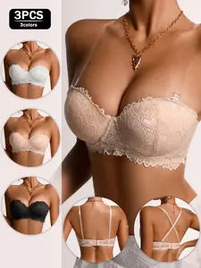 Women's Sexy Style Lace Balconette Bralette, Push-Up Invisible Cup, Medium Support, Transparent Straps, All Seasons, Fitted Design,1Pack/2Pack/3Pack.