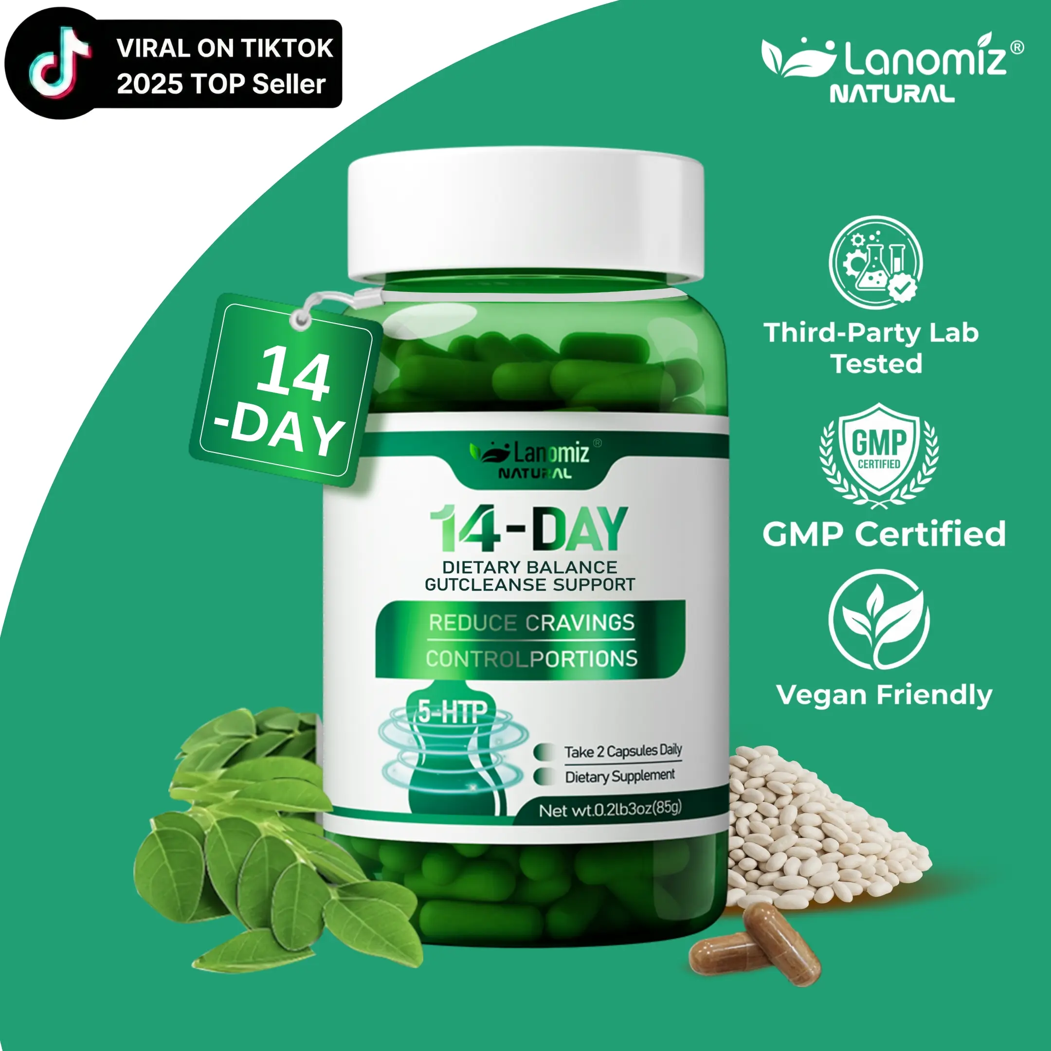 [Gut & Body Balance] LANOMIZ 3-in-1 Gut Health Blend with 5-HTP | Wellness & Digestive Support for Men & Women | Promotes Daily Comfort & System Harmony | 60 Capsules