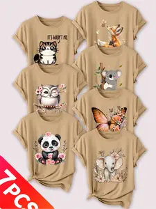 Women's 7-Pack Casual Fitted Short Sleeve Crew Neck T-Shirt, Animal Print Set (Cat/Fox/Koala/Owl/Butterfly), Butterfly Graphic, Multiple Colors, Machine Washable, Spring & Summer Top, Soft Skin-Friendly Fabric, Daily Wear