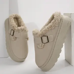 Womens Suede Plush Slippers with Adjustable Buckle Design and Slip-On Warm Boots for Indoor Outdoor Furboots Winter Warm Shoes