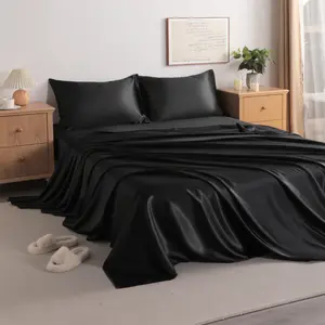 Satin bed sheet set, luxury silky solid color sheet and pillowcase set, flat sheet, pillowcases, fitted sheet with deep pocket, black outdoorfun