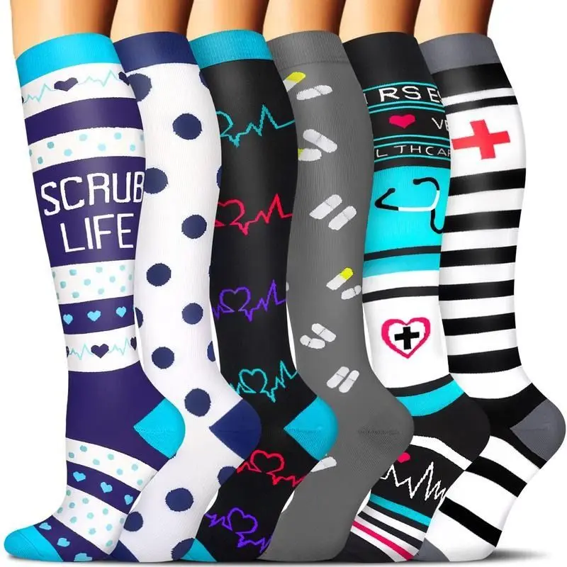 MhzyCaus Women's Calf High Compression Socks (6 Pairs) - Anti-Slip, Breathable, Moisture-Wicking, Durable, Reinforced Knit - All-Season Support, Post-Exercise Fatigue Relief - for Running, Daily Wear - Compression Socks Women