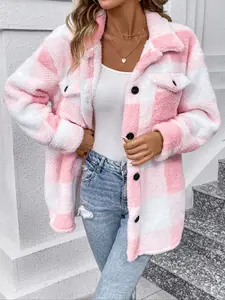 Women's Flannel Jacket Button-Down Sherpa Wool Coat, Plus Size Plaid Short Outerwear, Soft Puffy Sweater Jacket for Summer