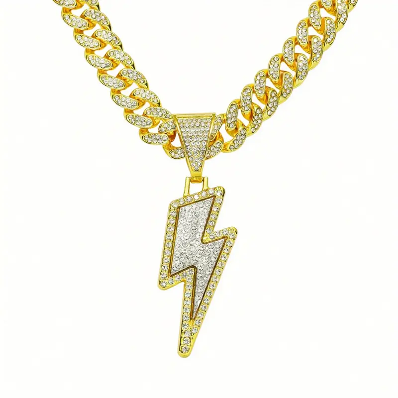 Lightning Bolt Pendant Necklace, Unisex Hip Hop Gold-Plated Alloy Cuban Chain with Rhinestones, 50cm, Bold Statement Jewelry, Casual, Adults, Daily, Synthetic Rhinestones, Cuban Link Chain, Rhinestone Set