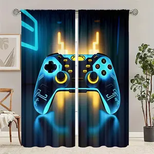 2pcs Neon Game Controller Curtains for Gamers, Edgy Drapes for Teen Room Decor, Casual Contemporary Style for Game Room or Bedroom, Window Curtain, Window Decorations Supplies