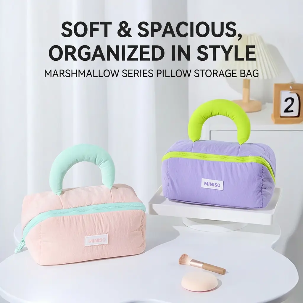 MINISO Kawaii Marshmallow Pillow Bag Soft Plush Storage Organizer 2-in-1 Foldable Travel Cushion Cute Aesthetic Bag Gift for Girls#Summervibes, Back To School