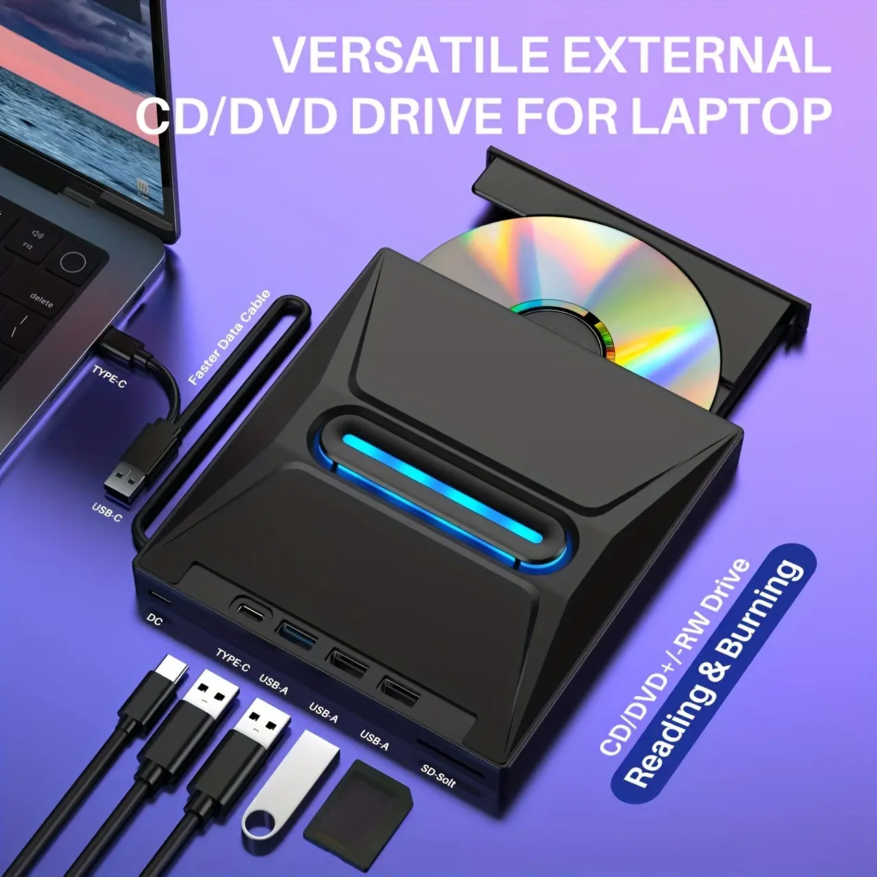 New Luminous 3 USB 3.0 External CD/DVD Drive, Typ C Portable CD/DVD+/-RW Drive/DVD Player Hub with SD Card Reader, Compatible with Windows, Linux, and Apple Operating Systems
