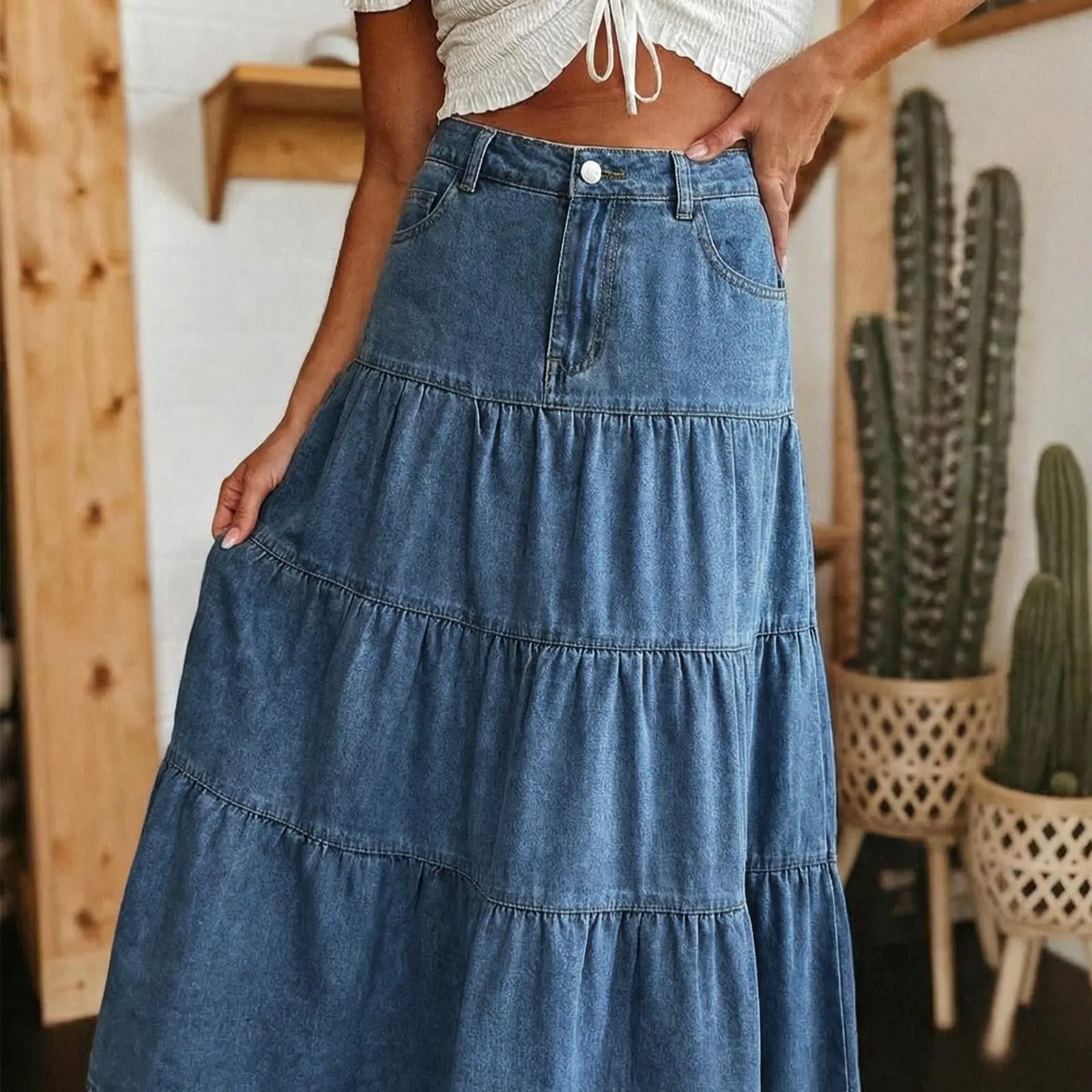EMMIOL Long Denim Skirt for Women - Mid High Waisted A-Line Jean Maxi Skirts Dark Wash Tiered Swing Jean Skirt with Pockets Mother's Day Gift