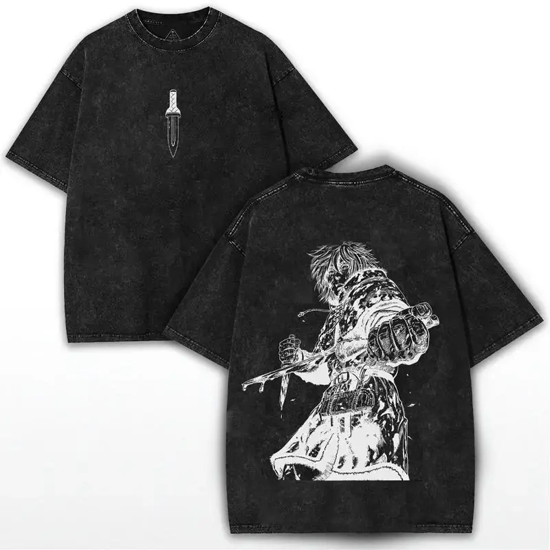 Men's Vinland Saga Thorfinn Graphic T-Shirt - Cotton, Vintage Washed, Distressed, Oversized Short Sleeve, Round Neck Streetwear Top for Viking Theme Fans, Casual Retro Fashion Enthusiasts