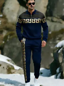Fashionable business casual men's half zip sportswear with letter pattern slim fit two-piece set, equipped with stand up collar design, suitable for work and leisure occasions