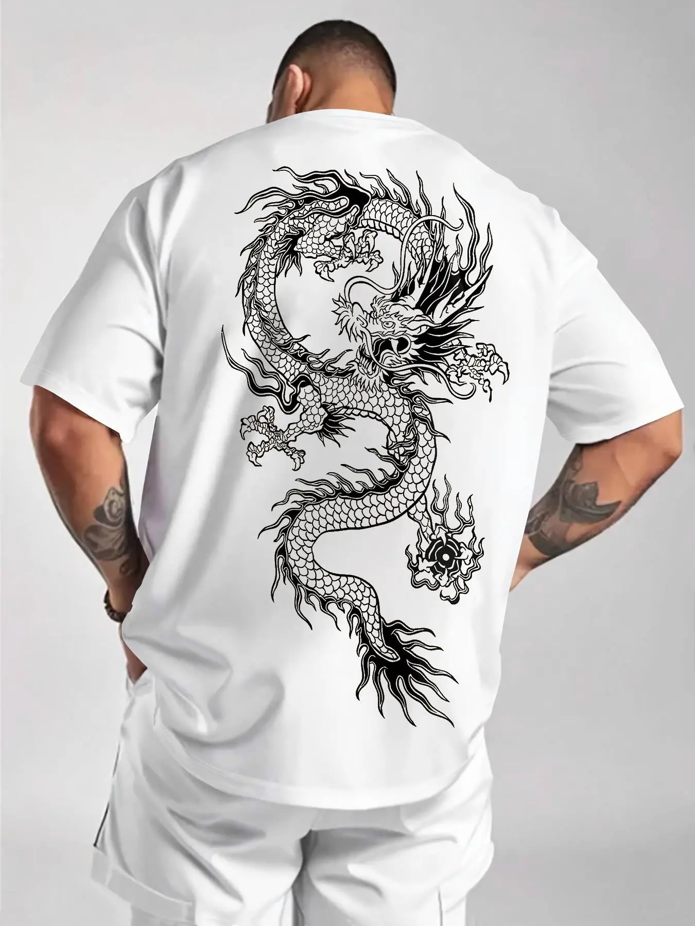 Men's Dragon Print Round Neck Tee, Regular Fit Casual Short Sleeve Crew Neck T-Shirt for Summer, Fashion Men's Top for Daily Wear, Tropical, Streetwear, Animal Graphic Tee, Casual Graphic Design
