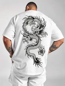 Men's Dragon Print Round Neck Tee, Regular Fit Casual Short Sleeve Crew Neck T-Shirt for Summer, Fashion Men's Top for Daily Wear, Tropical, Streetwear