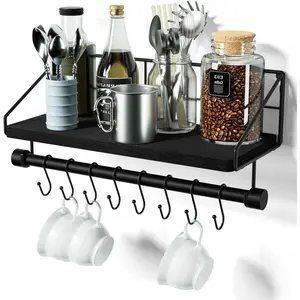 Floating shelves, bedroom wall shelves, bathroom wall-mounted shelves (with towel bar), kitchen vintage wooden shelves (with hooks, suitable for hanging cooking utensils or cups)