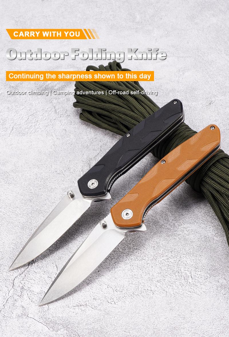 EDC multifunctional outdoor folding knife with G10 handle; convenient pocket/belt clip for easy carry; outdoor cutting tool designed specifically for climbing and fishing; a camping and hiking essential.