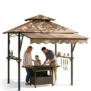 8′×5′ Outdoor Grill Steel Frame Gazebo Canopy w/ Extra 7′ × 3′ Awning & 10 Hooks & LED Lights & Shelves, Double‑Tiered Grill Canopy for Patio BBQ Backyard