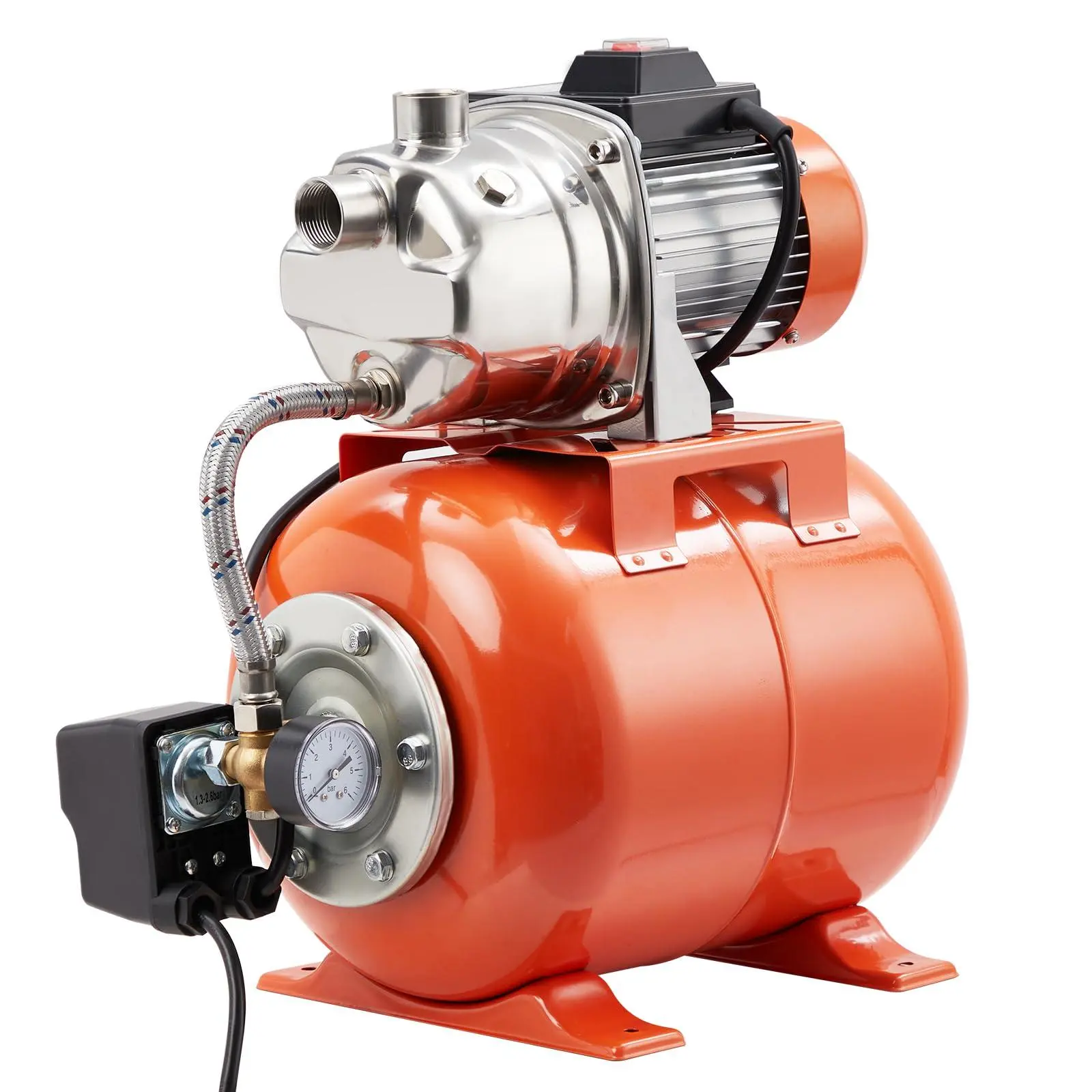 Garvee 1.6 HP Stainless Steel Shallow Well Jet Pump with Pressure Tank - 115V Automatic Booster with Pressure Control, 976 GPH, 1 Inch NPT 1 x Well Pump for Residential Water Supply, Water Transfer, Lawn Use