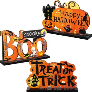 Blulu 3 Happy Halloween Table Decorations, Pumpkin Table Centerpieces Boo Sign Wooden Candy Day for Halloween Party Dinner Coffee Table Topper Tier Tray Room Decor, 7.87 x 4.72 Inch