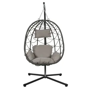Bellemave Egg Chair Outdoor Indoor Patio Wicker Hanging Chair with Stand Swing Hammock with Thicken Padded Cushions 350lbs Capacity Dark Grey PE Wicker Metal Tube Frame UV Resistant