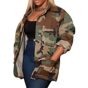 Camo Jacket for Women Long Sleeve Button Down Army Fatigue Camouflage Denim Outwear Coat with Pockets