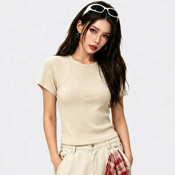 Women's 260G Cotton Ribbed Slim-Fit Crew Neck Shortsleeve Basic Solid Crop T-Shirt, Stretchy Casual Loungewear Top