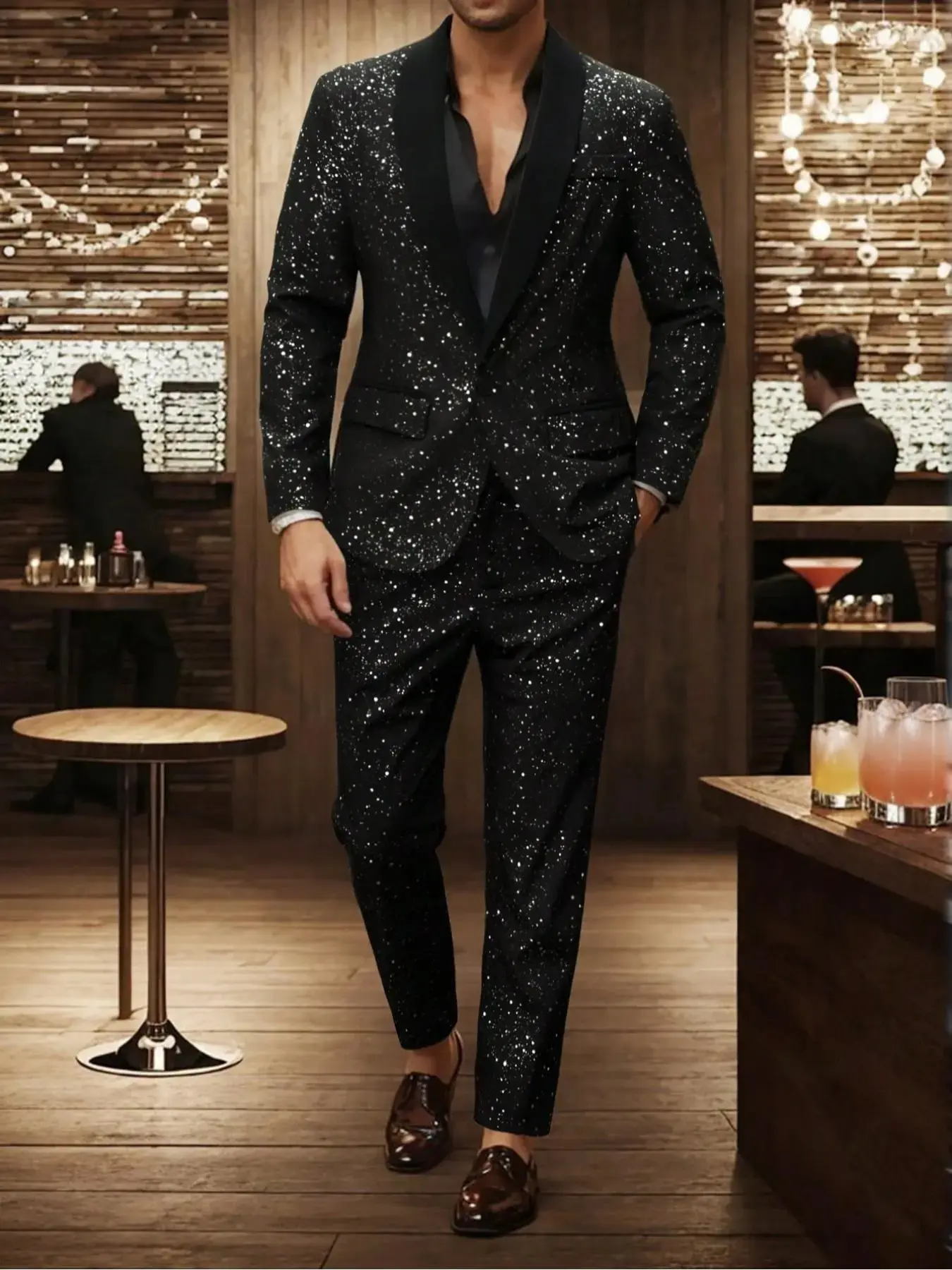 Men's Glitter Suit Set, Slim Fit One Button Blazer & Pants, Two-piece Outfits for Men, Wedding Grooms Suit, Formal Clothing for Party, Wedding, Stage Performance, Long Sleeve Tuxedo, Longsleeves Menswear, Formal Attire