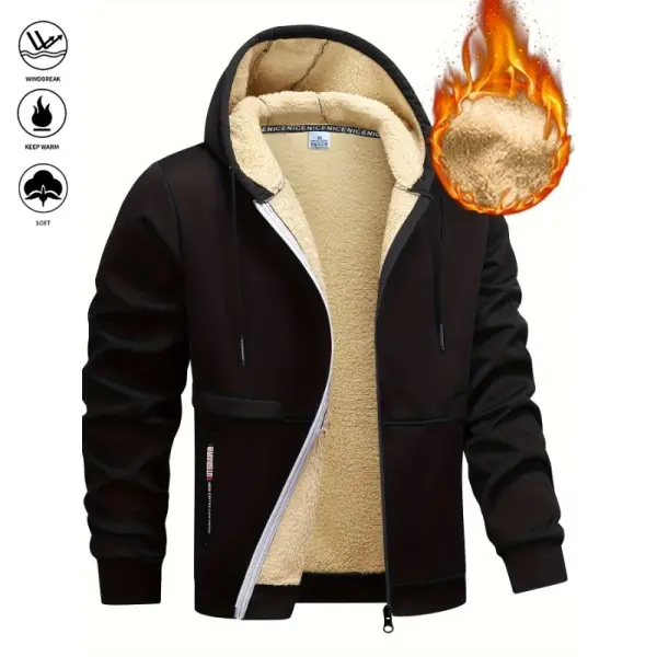 Men's Winter Fleece Hoodie -Thick, warm jacket with adjustable drawstring hood, ribbed cuffs, and zipper front closure; perfect for outdoor hiking, jogging, fishing, gym workouts, or casual wear; fleece lining provides windproof Stylish Long Sleeve Sports