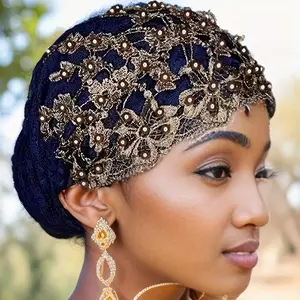 Elegant Beaded Lace Turban Hat for Women - Polyester Jacquard Elastic Headscarf with Drawstring Closure, Dry Clean Only, Featherless, Versatile Style for Ramadan, Chemotherapy, Eid al-Adha & Casual Attire
