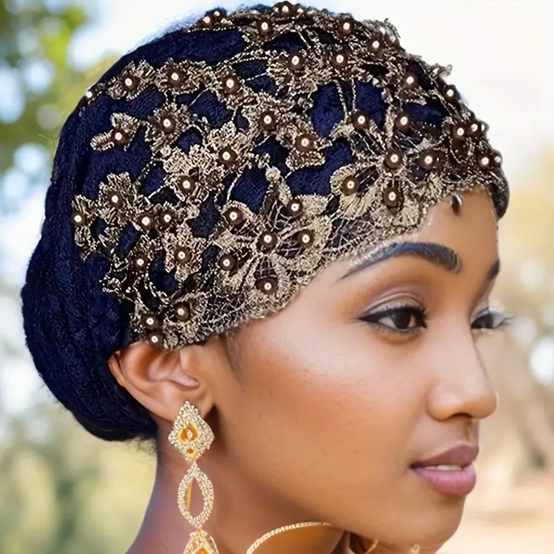 Women's Lace Metal Turban, Embellished Breathable Polyester Scarf Head Wrap with Drawstring - Stretch Fit Hugs Gently, Accessories for Women