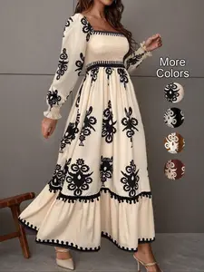 Women's All Over Print Floral Lantern Sleeve High Waist Fit Dress, Casual Long Sleeve Collared Dress for Fall & Winter, Women's Clothing for Daily Wear, Womenswear