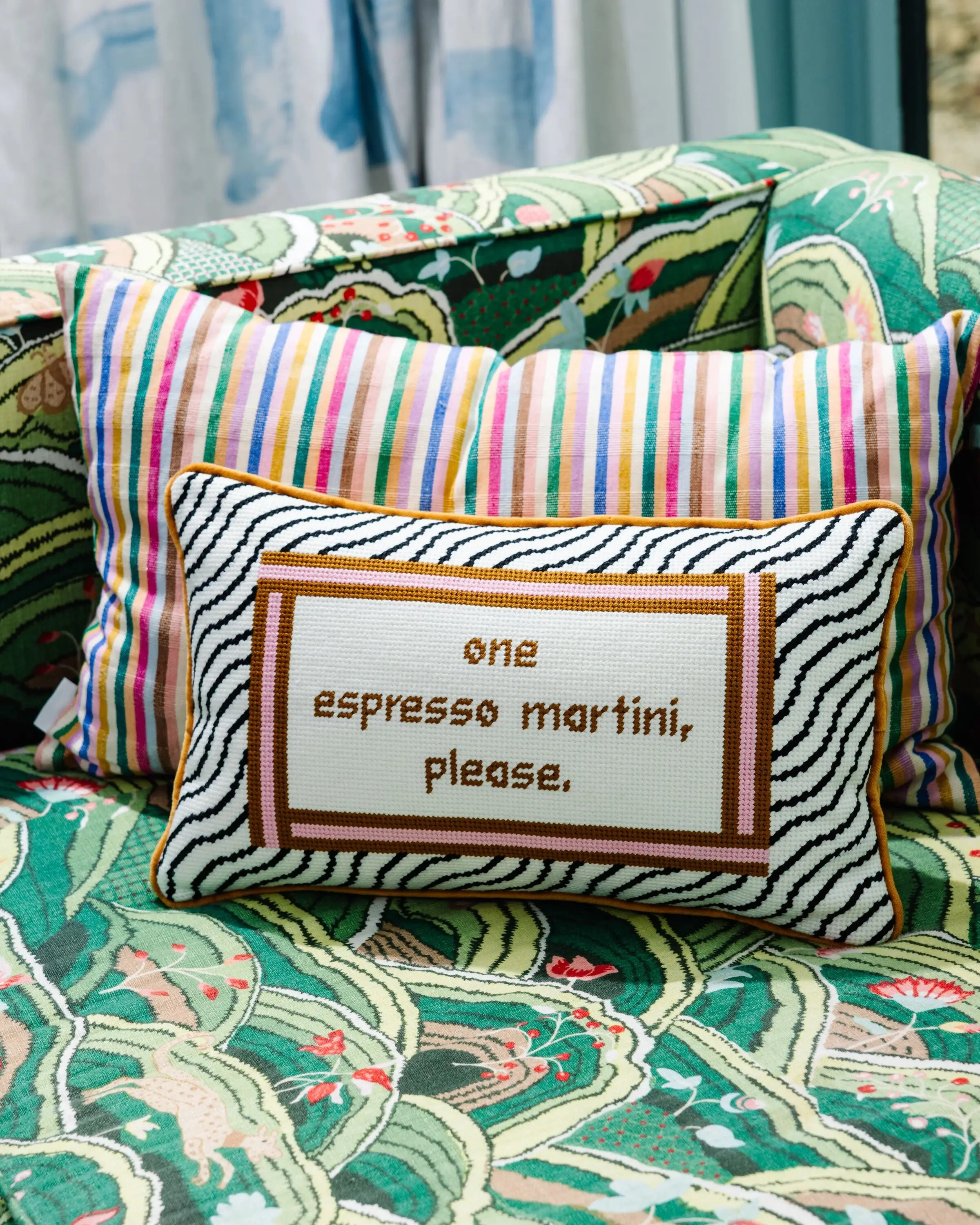 Espresso Martini Cocktail Quote Needlepoint Pillow - 9x15 in Velvet Needlepoint Cover with Vibrant Stitching, Includes Separate Pillow Insert for Home Décor