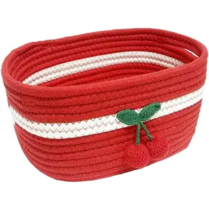 Christmas Cotton Rope Woven Basket with Handle, Cute Storage Bin for Gifts and Decorations, Festive Holiday Organizer Gift Box, Gift Baskets