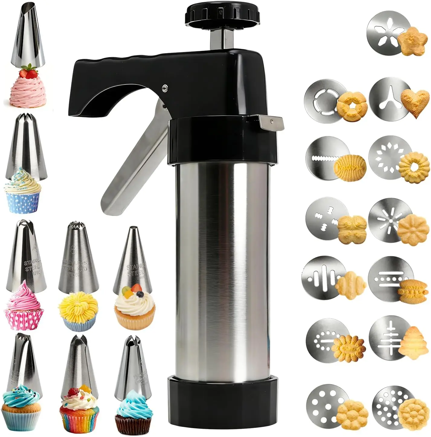 Stainless Steel Cookies Press,Cookie Press Gun Kit with 13 Cookie Discs and 8 Piping Tips for DIY Various Cookies Maker, Kitchen Tools, Baking Tools