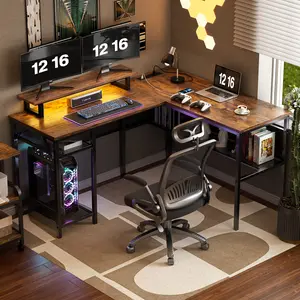 Cyclysio Shaped Computer Desk Desk with Power Outlets andLED Lights , Home OfficeDesk, Corner Desk