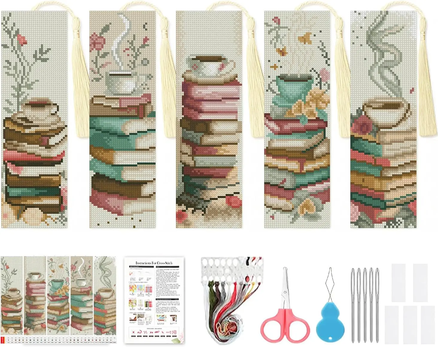 5 Pack Cross Stitch Kits for Beginners,Coffee Stamped Cross Stitch Kits Bookmarks for Women,14ct Cross Stitch Embroidery Kit for Beginners Crafts for Adults