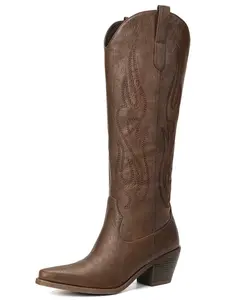 Fall Winter Cowboy Boots for Women - Wide Calf Knee-High Embroidered Western Boots with Chunky Heel and Pointed Toe