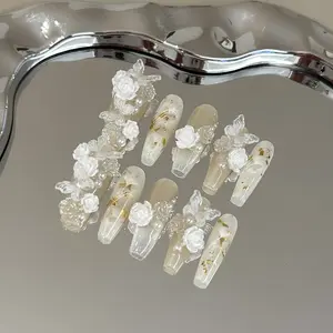 Elegant Ballet Long Fake Nails, Camellia & Butterfly Design, Glossy Surface, Perfect for Women, Wedding, Party, Daily Use