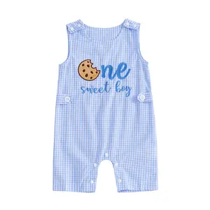 Meihuida Baby Boy First Birthday Outfit One Sweet Cookie Embroidery Plaid Romper Sleeveless Jumpsuit Shorts Smash Cake Summer Clothes