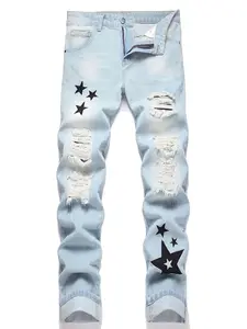 Blue Ripped Jeans for men Straight Leg Fashion Comfort Mid Waist Denim Pants Star Embroidery Casual Trousers