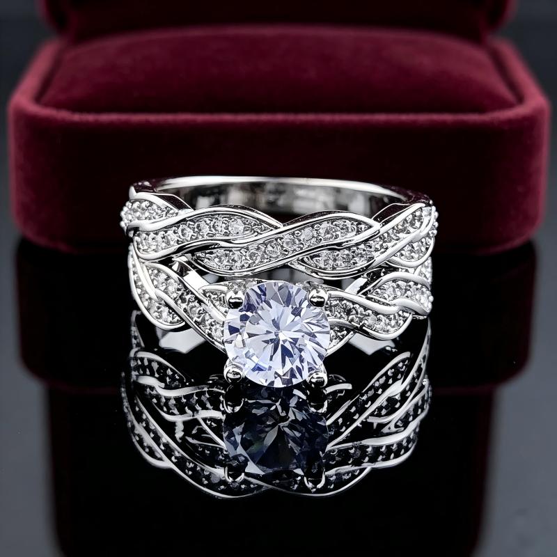 Classic Shiny 4-Fork Set Round Ring Cross Design Eternal Wedding Ring Women's Promise Ring Stones Valentine's Day Gift