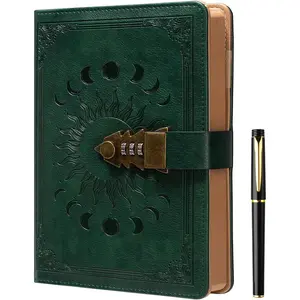 Lock Journal with Pen, A5 240 Pages Diary with Lock, Brown Edge, Refillable, Leather Hardcover (8.5 × 5.9inch) Dark Green