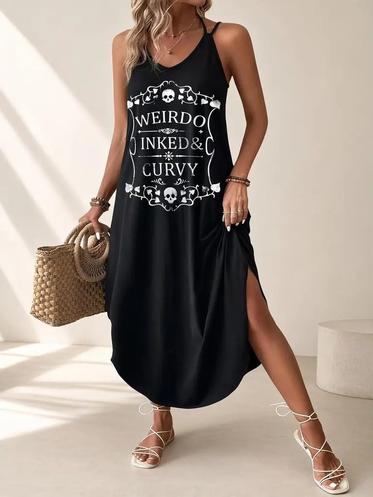 Women's Plus Size Black Dress, Elegant Solid V-Neck Spaghetti Strap Maxi Gown for Summer Parties and Weddings, Women's Clothes, 2Xl, Casual, Black V-Neck Strap, Chic, Evening, Knit, Sleeveless, Long Length