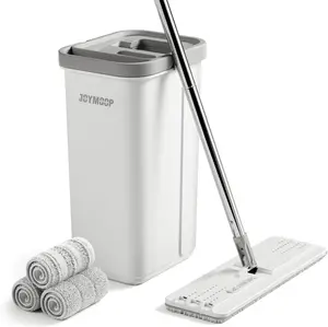 JOYMOOP Mop and Bucket with Wringer Set, Hands Free Flat Floor Mop and Bucket, with 3 Washable Microfiber Pads, Wet and Dry Use, Floor Cleaning System