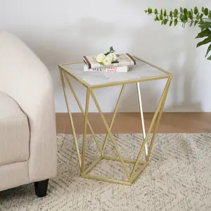 Glass End Table Living Room, Modern Accent Table, Sofa Side Table with Sleek Tempered Glass Top with Geometric Iron Legs, Compact End-Tables for Living Room Bedroom Hallway Home Office, Gold+White