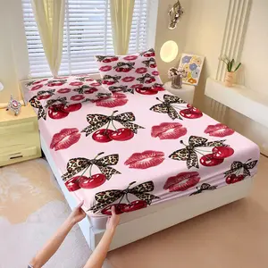 3pcs Cherry Red Lip Leopard Print Fitted Sheet Set, Sweet Princess Style Bedding Set. The Fabric Is Soft Breathable, With A Deep Edge Design That Is Easy To Clean  Maintain; It Is An Ideal Choice for Decorating A Girl'S Bedroom.