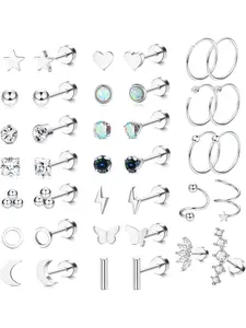 38 Pcs Delicate Silvery Surgical Steel Earring Set for Women Men Flat Back Studs Small Hoops Hypoallergenic Unisex Cartilage Piercings Shiny CZ Heart Star Moon Ornaments Comfortable Earrings for Helix Tragus Daith All Day Wearing Ear Jewelry