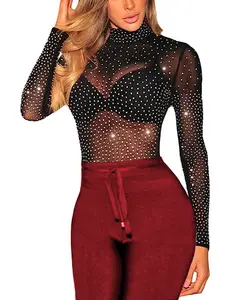 Women's Sparkly Rhinestone Sheer Mesh Top - Long Sleeve See Through Studded Blouse for Music Festival, Clubwear & Y2K Party